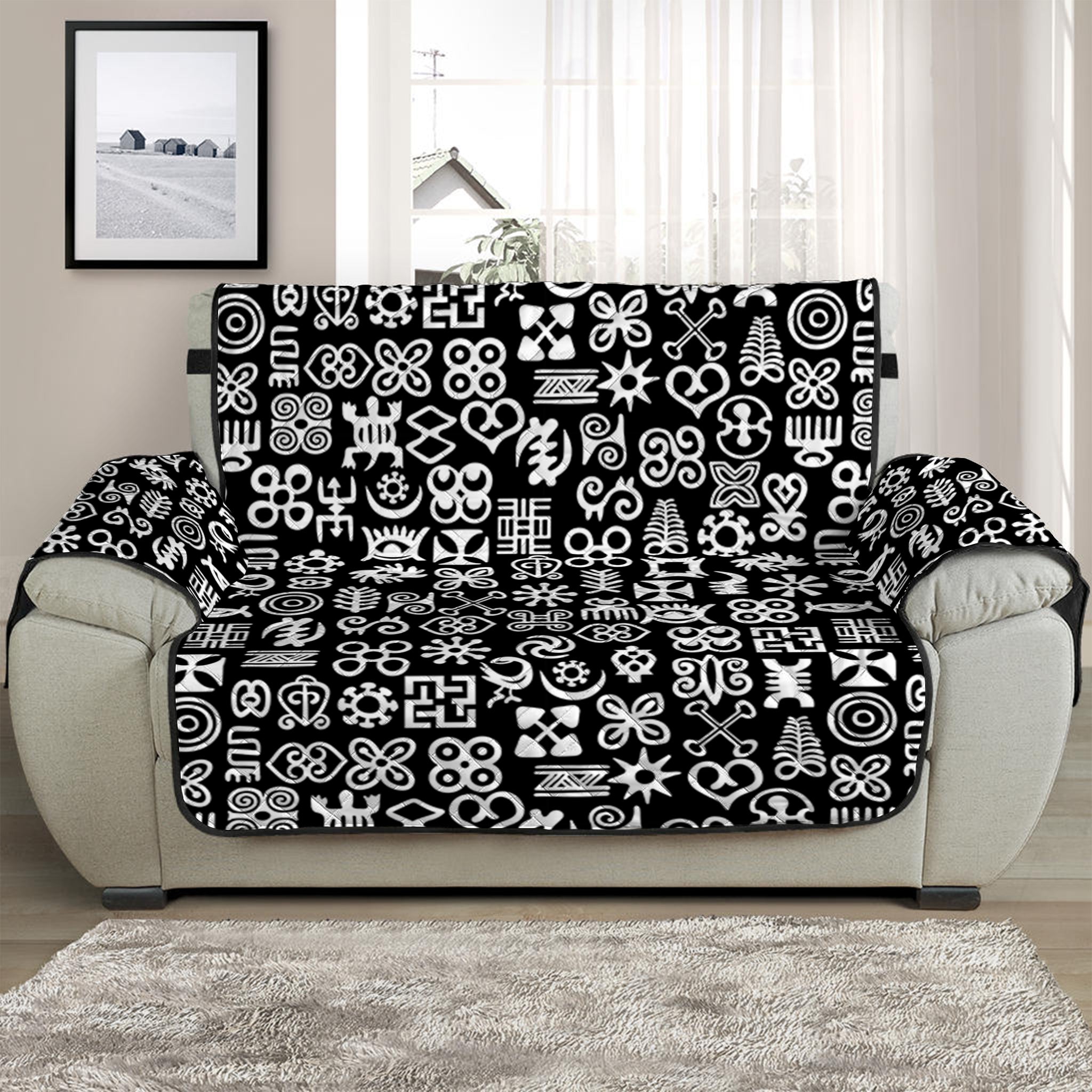 White And Black Adinkra Symbols Print Half Sofa Protector