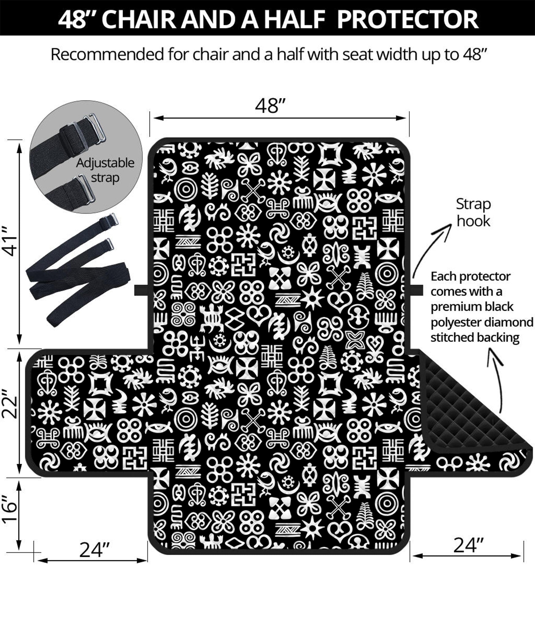 White And Black Adinkra Symbols Print Half Sofa Protector