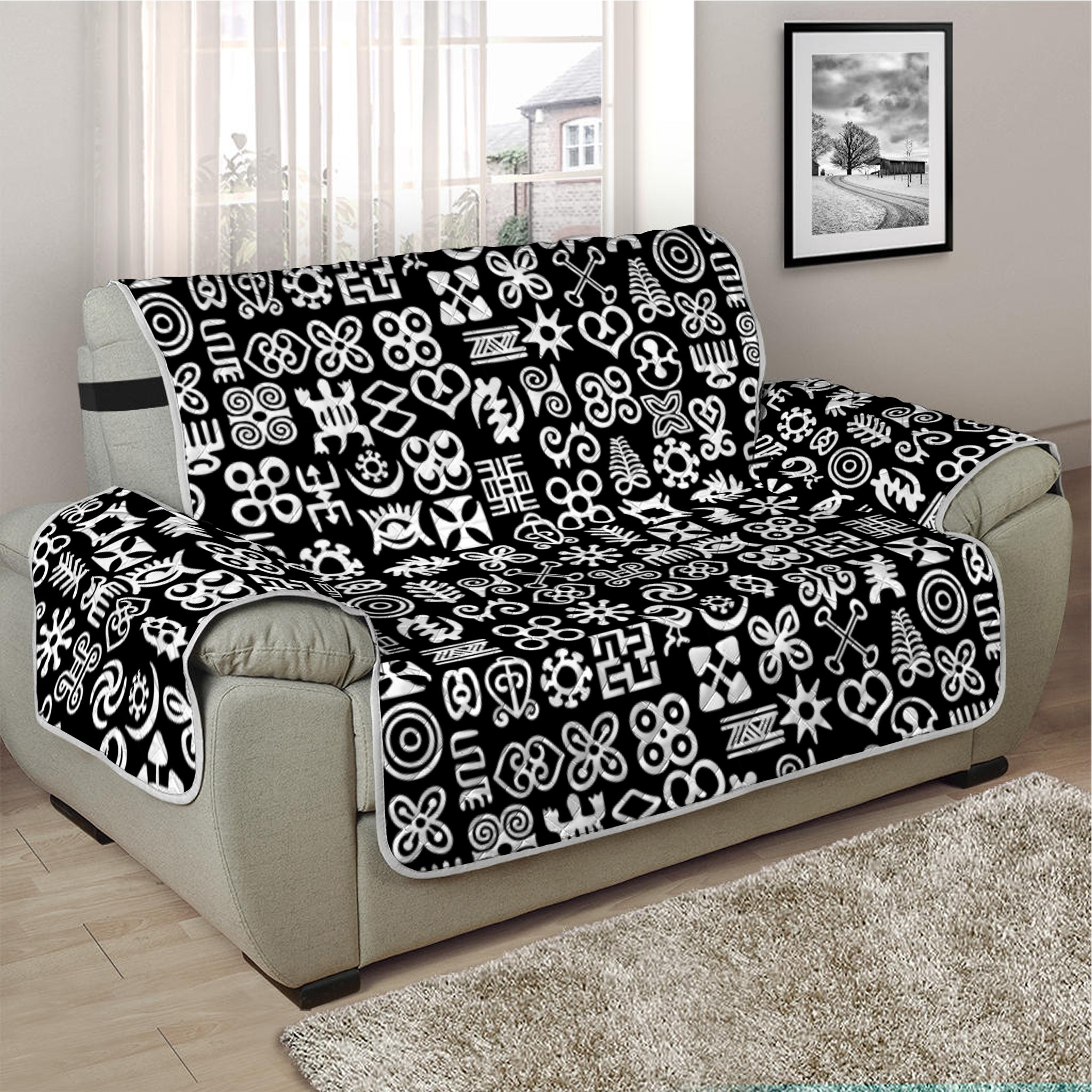 White And Black Adinkra Symbols Print Half Sofa Protector