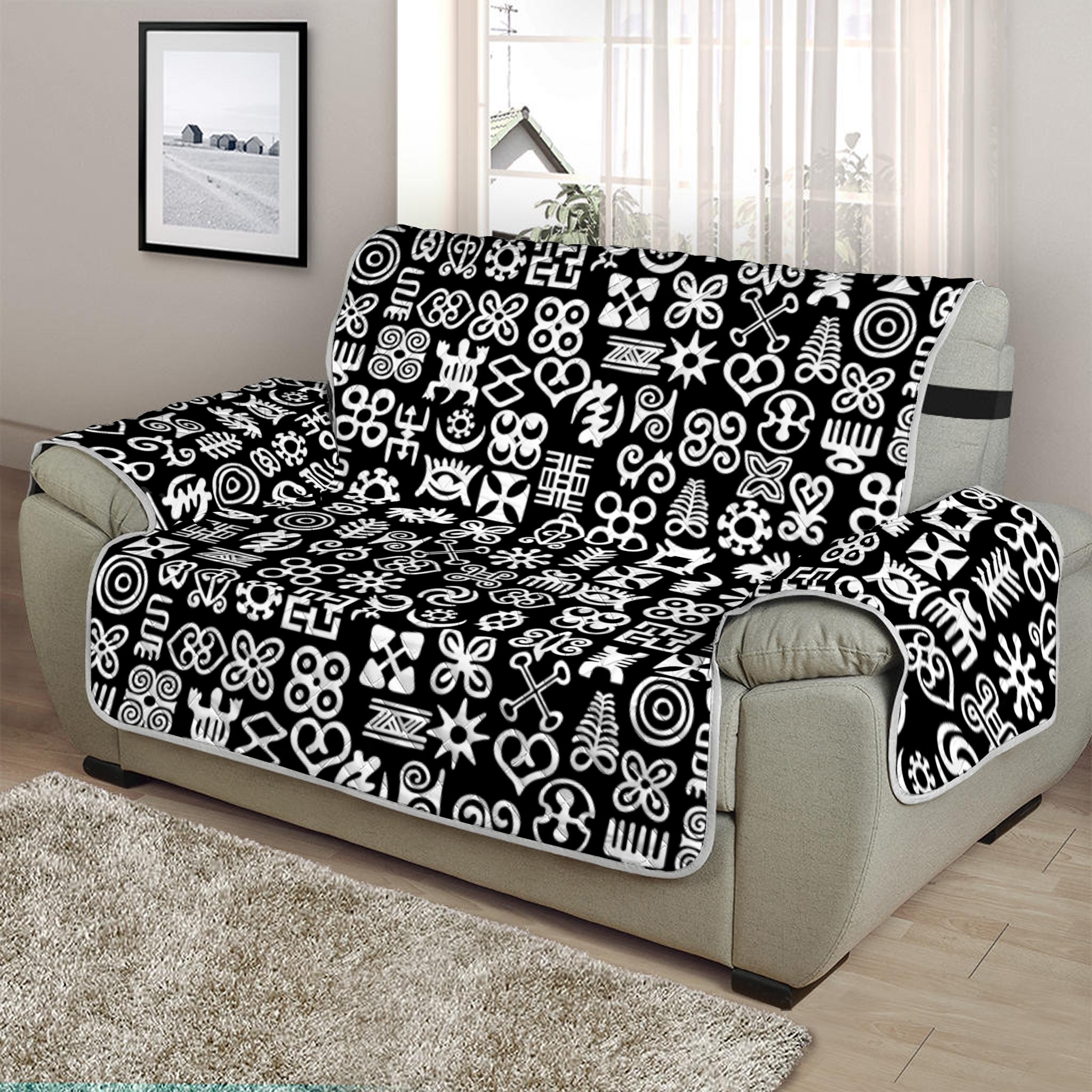 White And Black Adinkra Symbols Print Half Sofa Protector