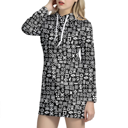 White And Black Adinkra Symbols Print Hoodie Dress