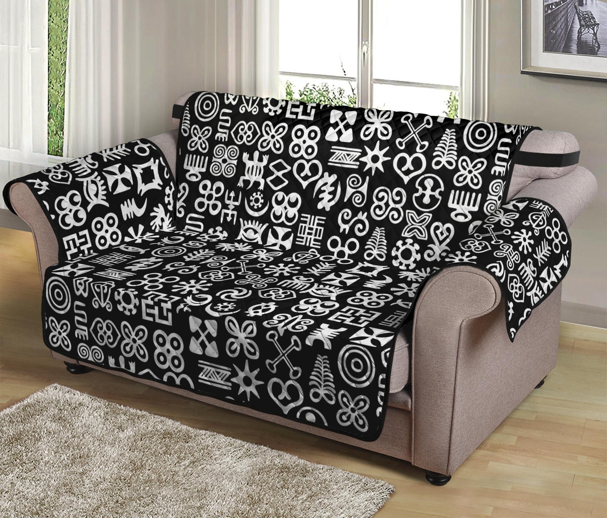 White And Black Adinkra Symbols Print Loveseat Protector