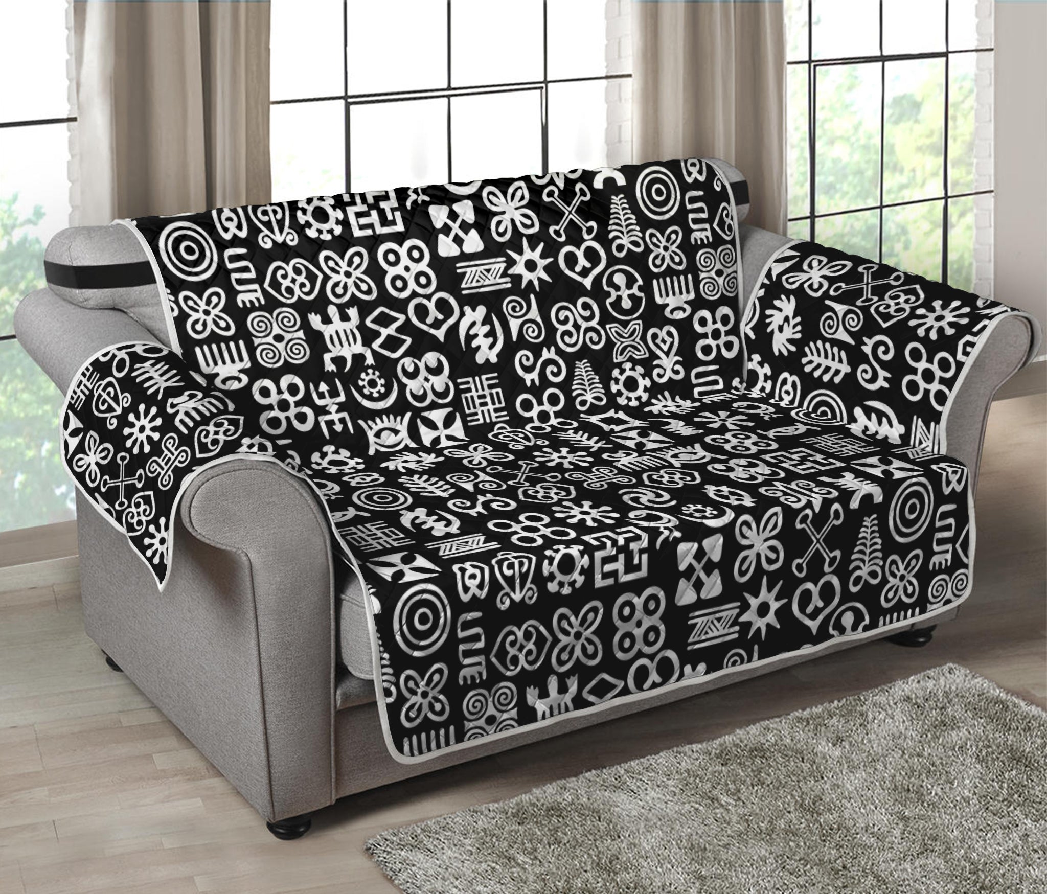 White And Black Adinkra Symbols Print Loveseat Protector