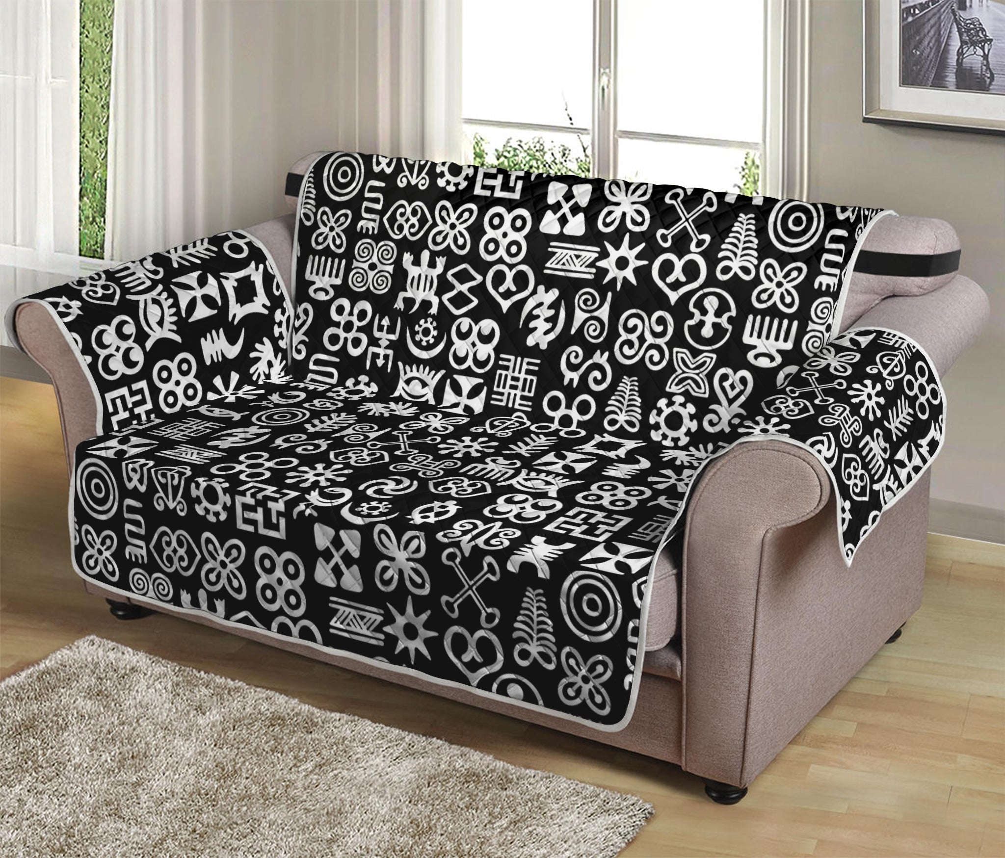 White And Black Adinkra Symbols Print Loveseat Protector