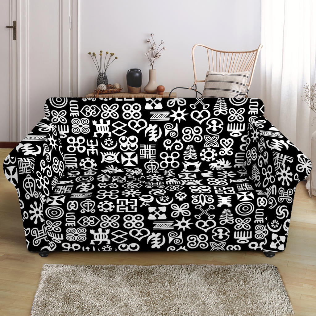 White And Black Adinkra Symbols Print Loveseat Slipcover