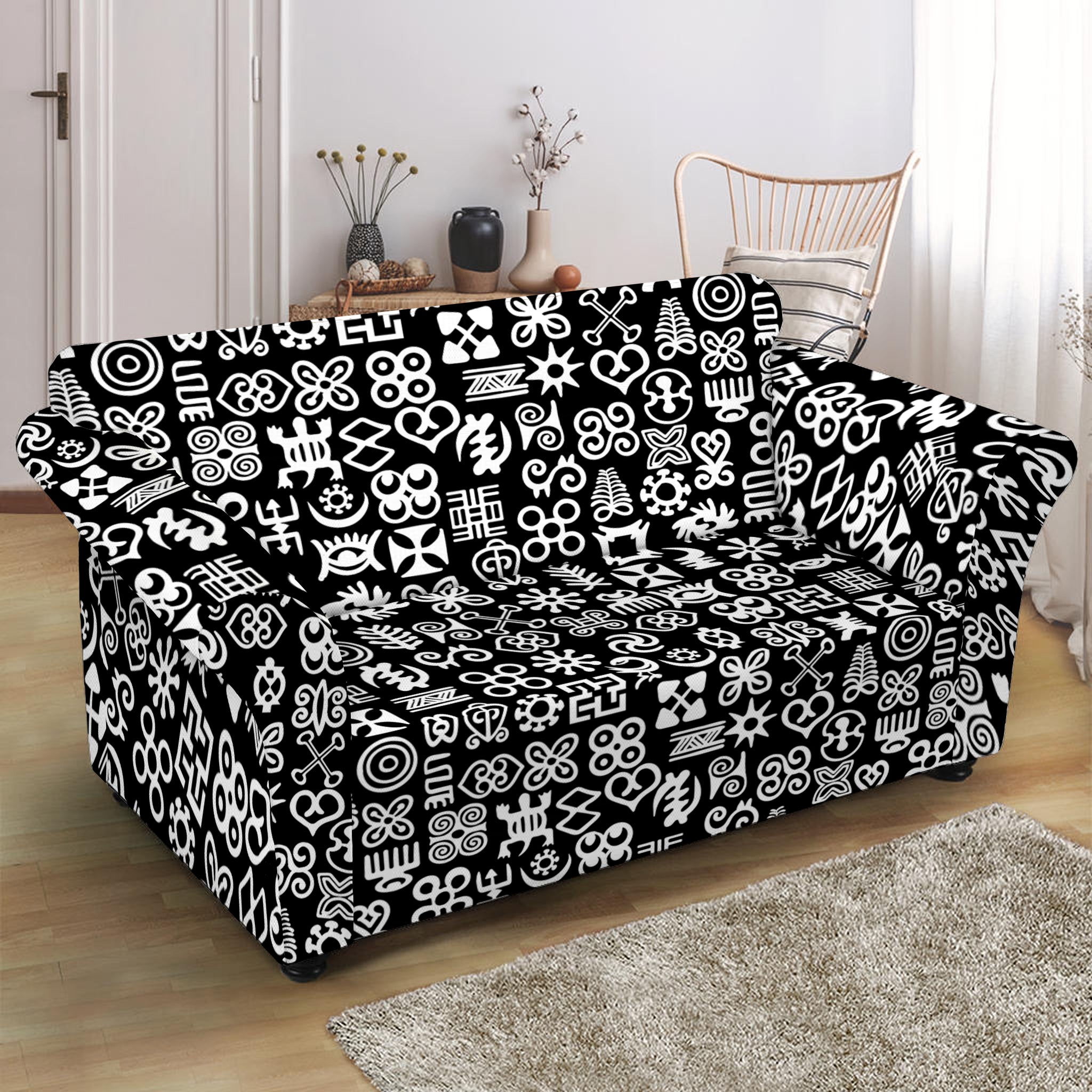 White And Black Adinkra Symbols Print Loveseat Slipcover