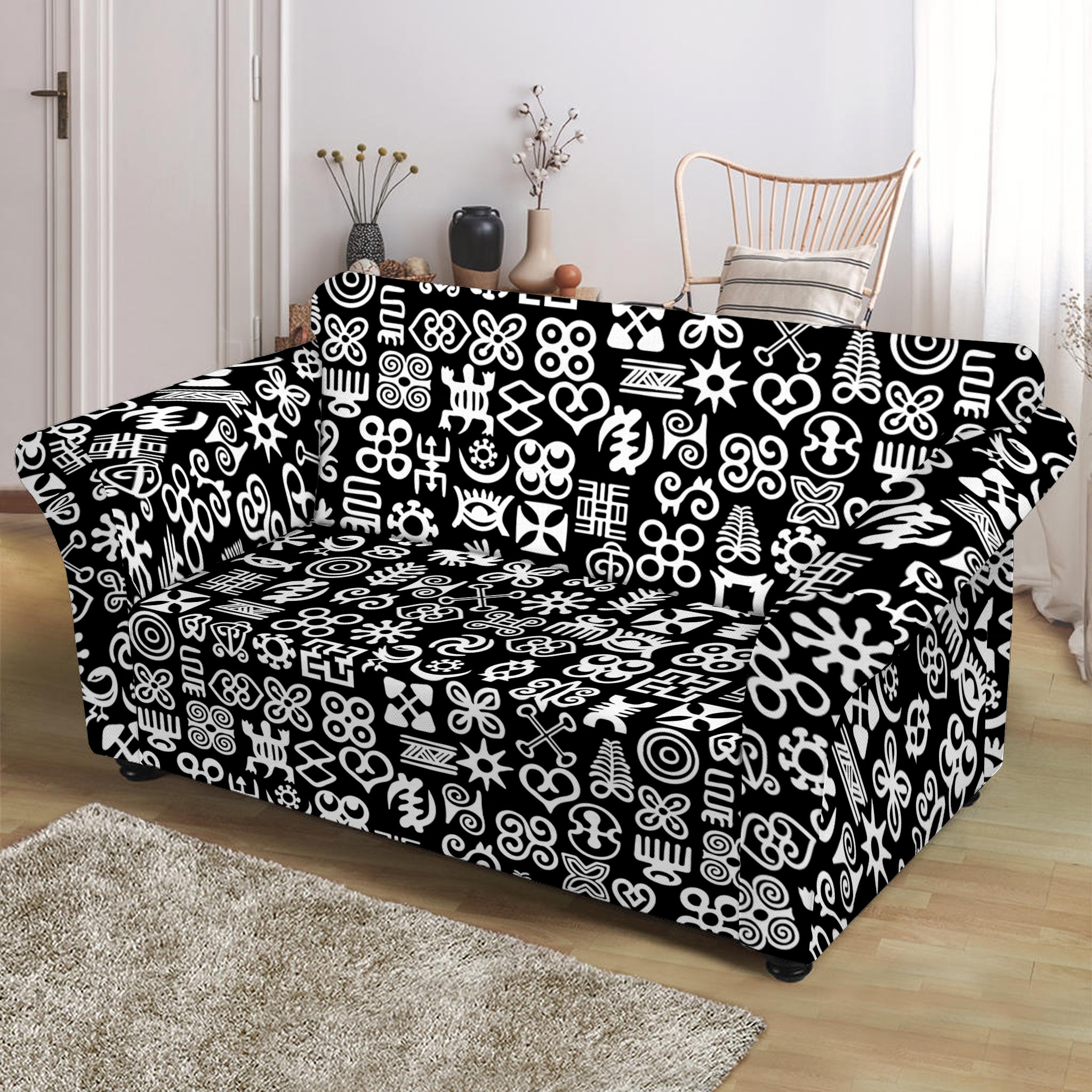 White And Black Adinkra Symbols Print Loveseat Slipcover