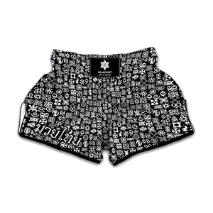 White And Black Adinkra Symbols Print Muay Thai Boxing Shorts