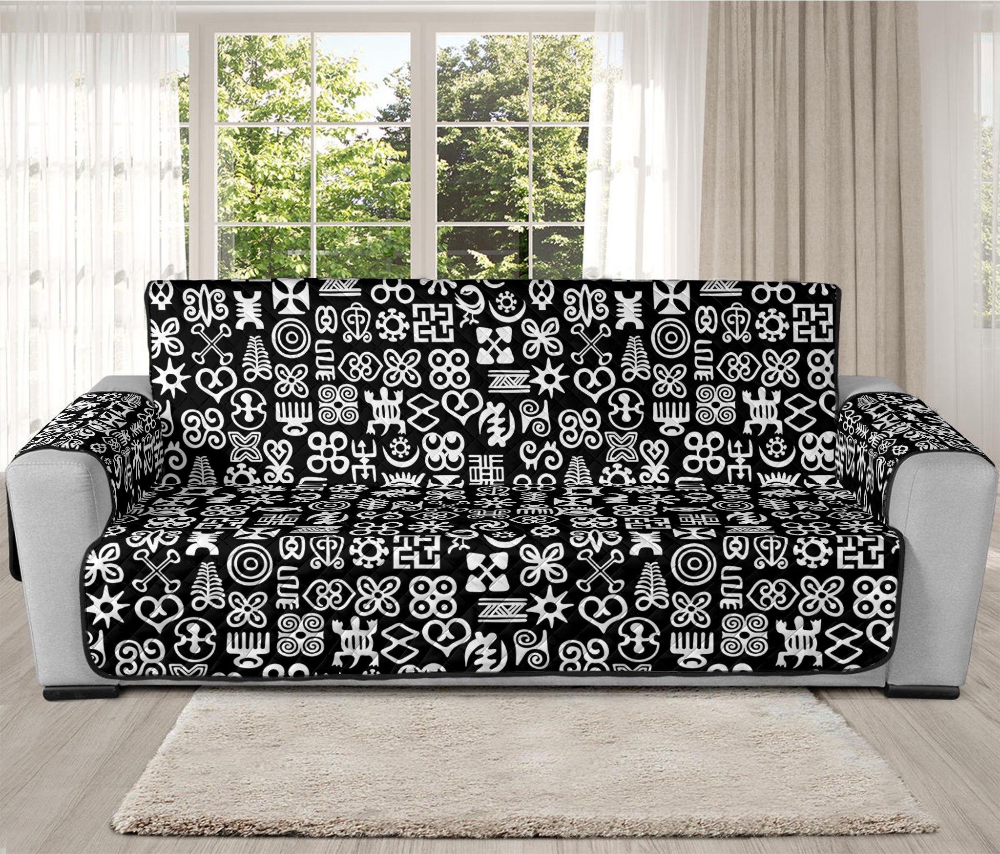 White And Black Adinkra Symbols Print Oversized Sofa Protector