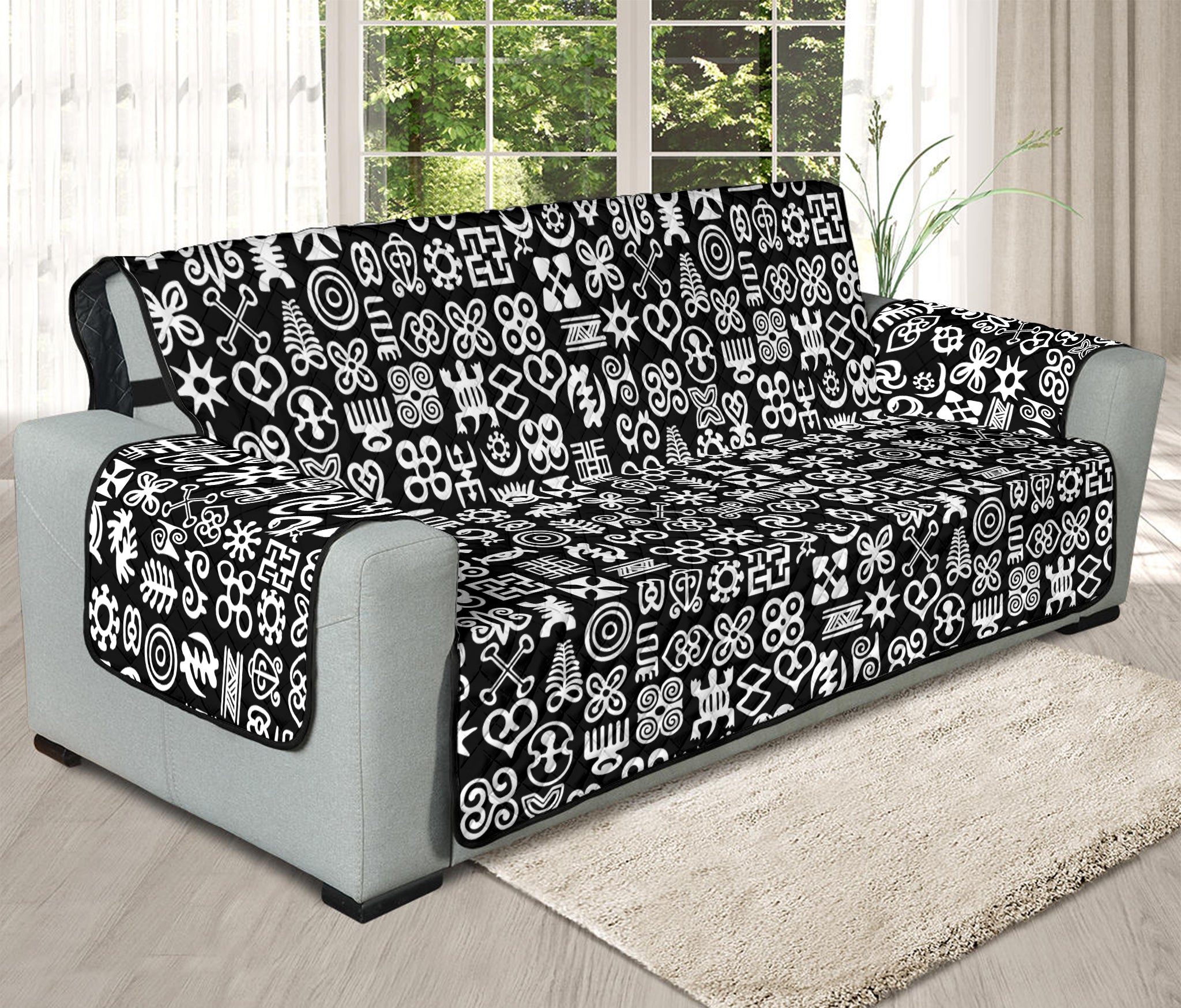 White And Black Adinkra Symbols Print Oversized Sofa Protector