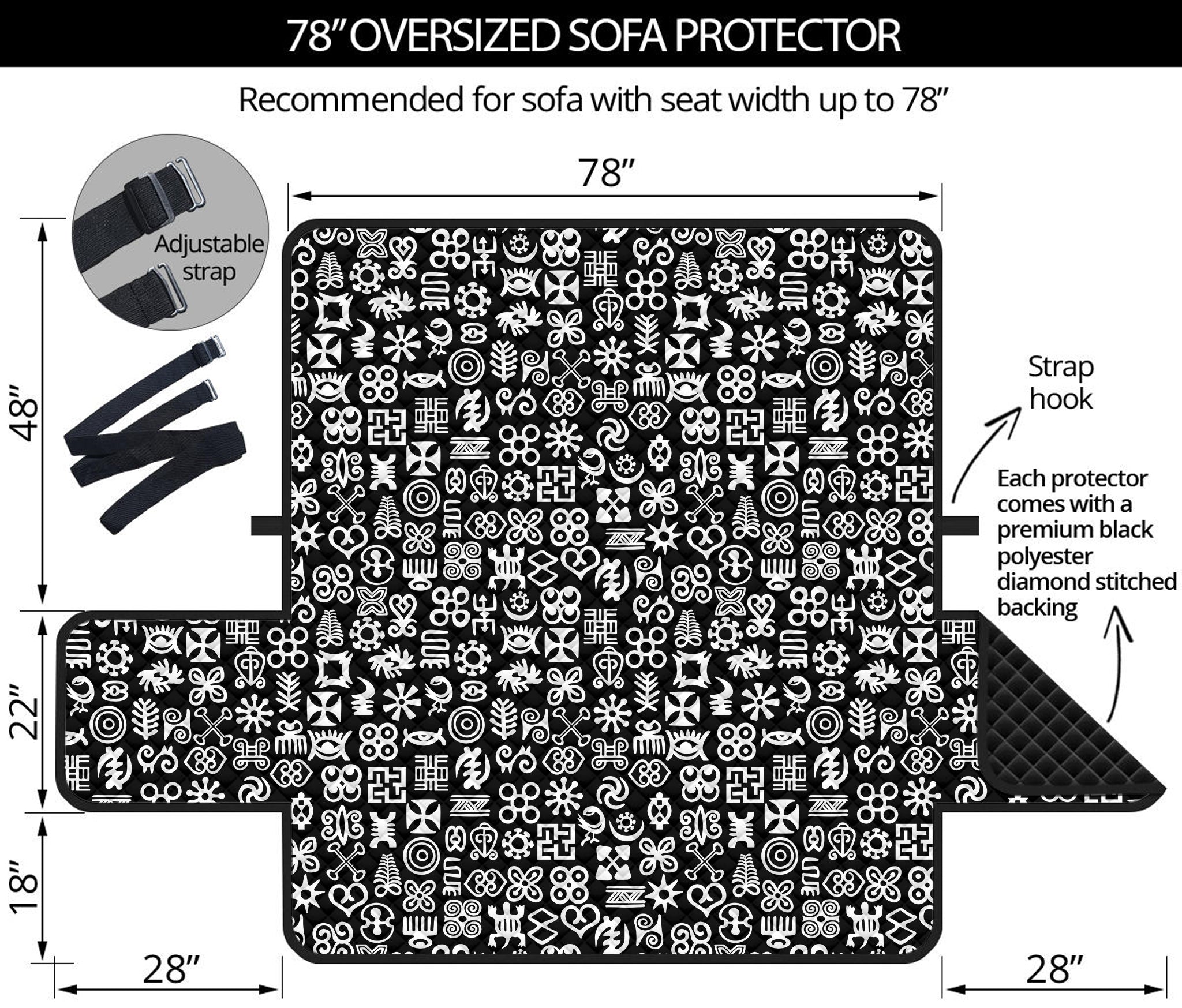 White And Black Adinkra Symbols Print Oversized Sofa Protector