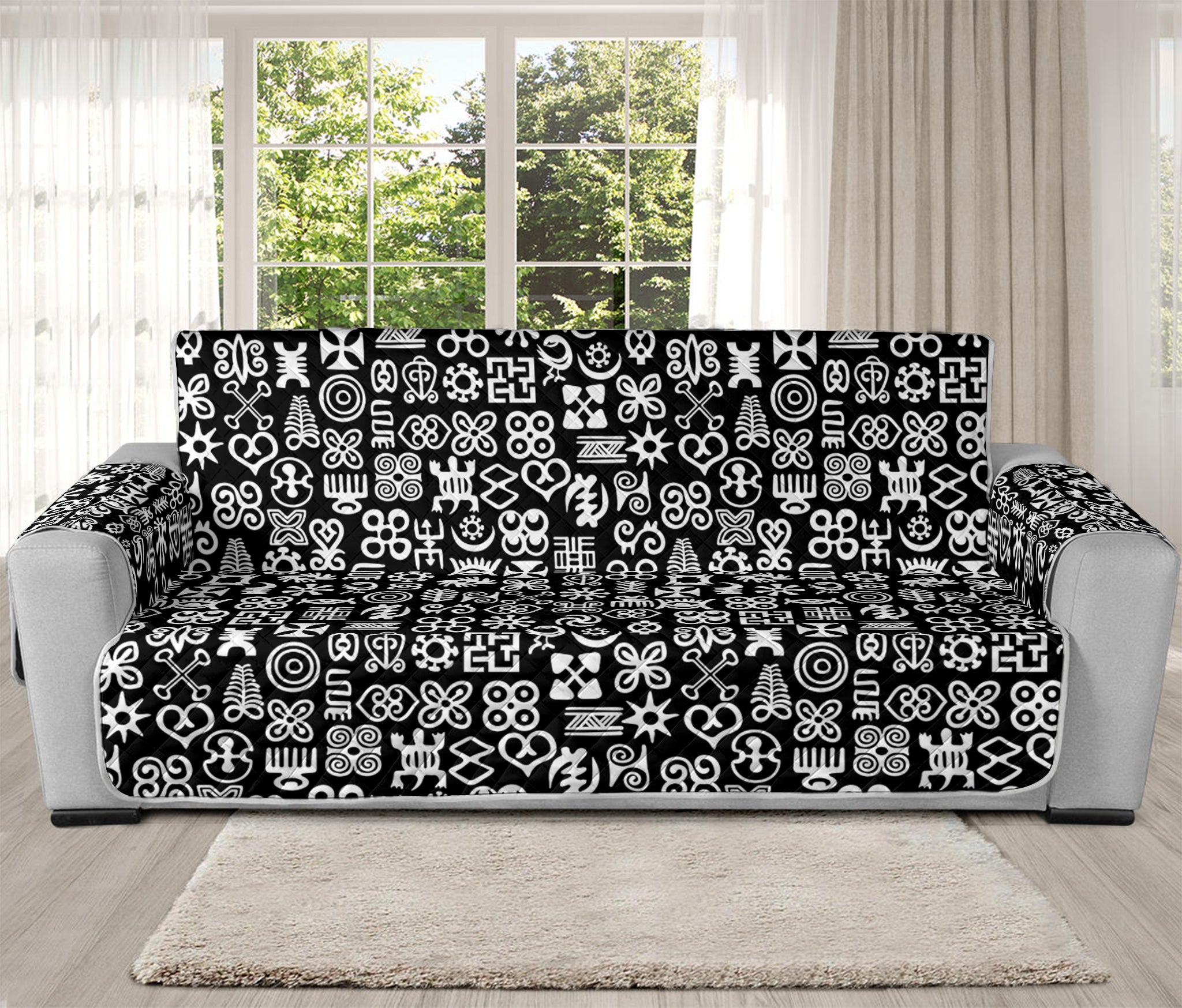 White And Black Adinkra Symbols Print Oversized Sofa Protector