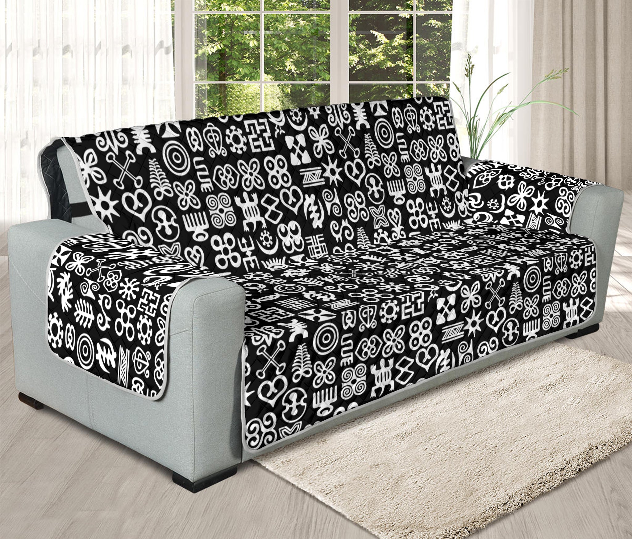 White And Black Adinkra Symbols Print Oversized Sofa Protector