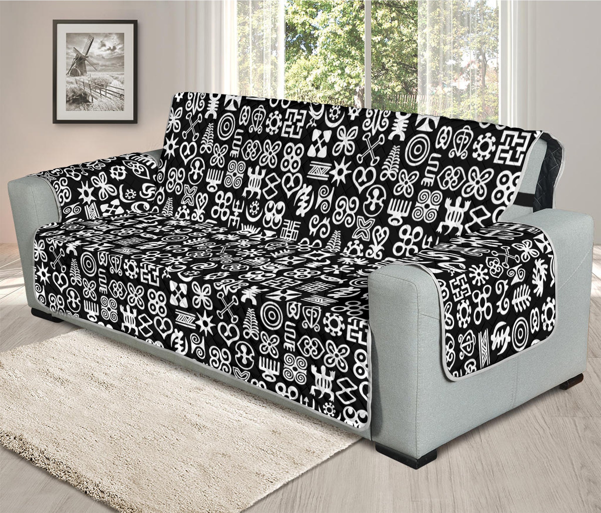 White And Black Adinkra Symbols Print Oversized Sofa Protector