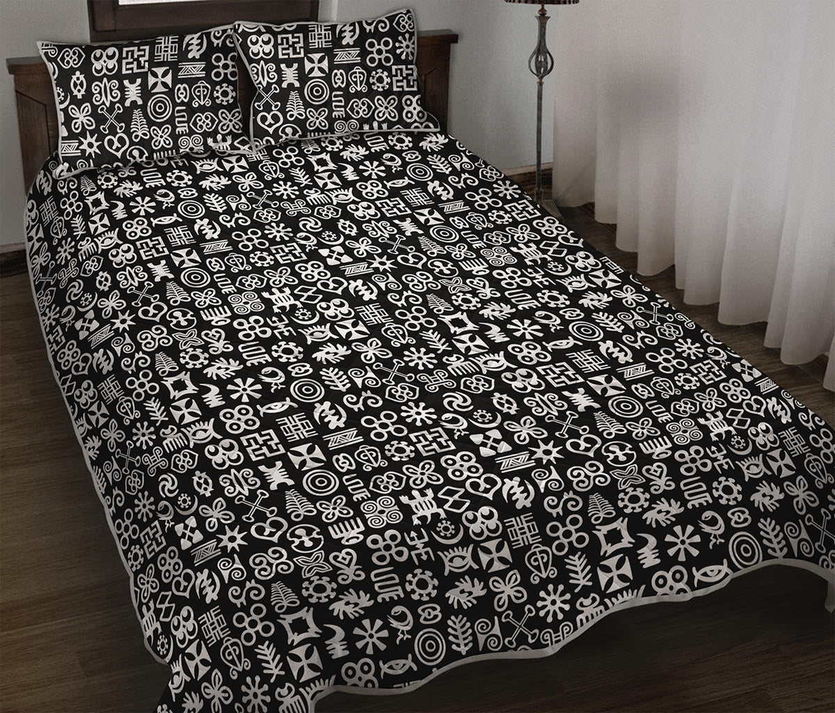 White And Black Adinkra Symbols Print Quilt Bed Set