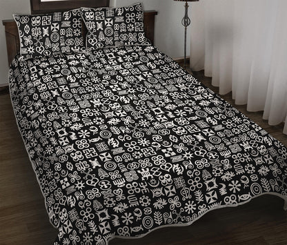 White And Black Adinkra Symbols Print Quilt Bed Set
