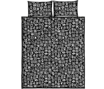 White And Black Adinkra Symbols Print Quilt Bed Set