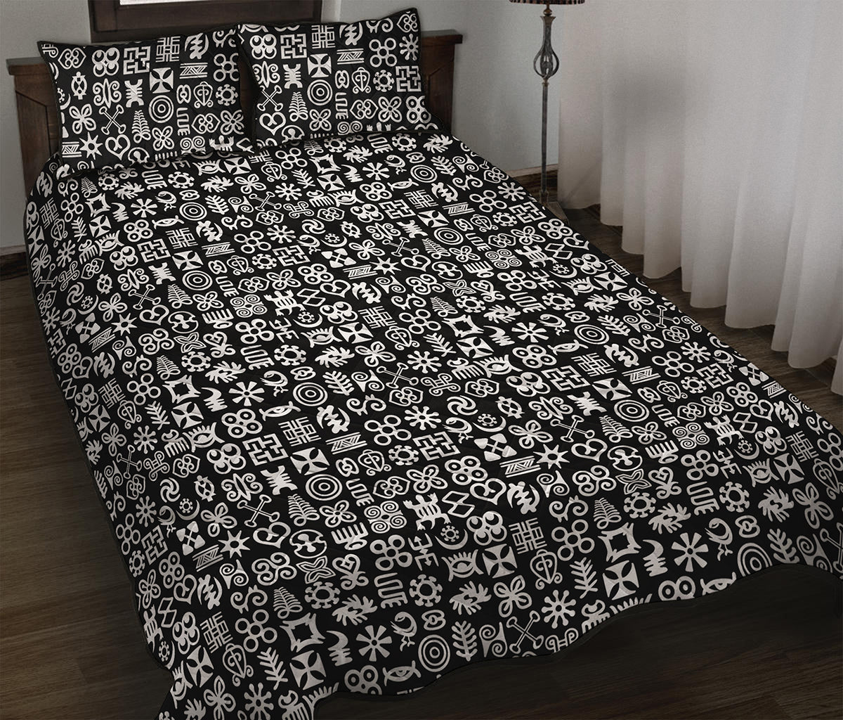 White And Black Adinkra Symbols Print Quilt Bed Set