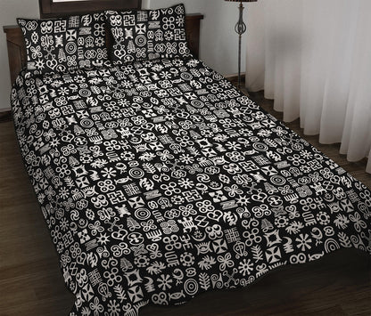 White And Black Adinkra Symbols Print Quilt Bed Set