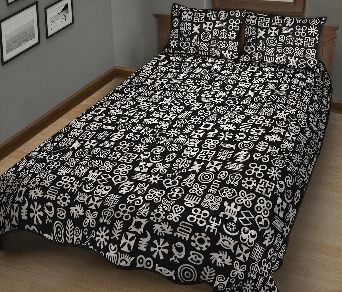 White And Black Adinkra Symbols Print Quilt Bed Set