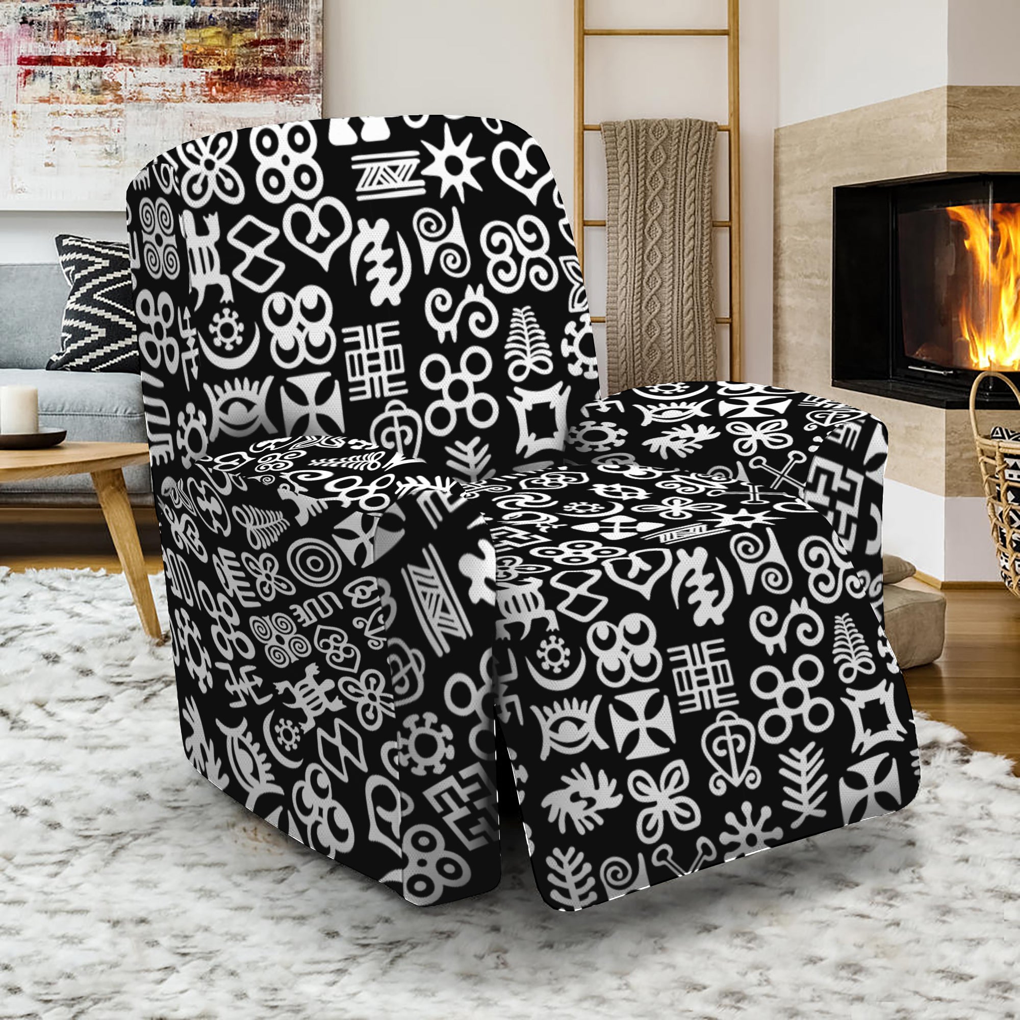 White And Black Adinkra Symbols Print Recliner Slipcover