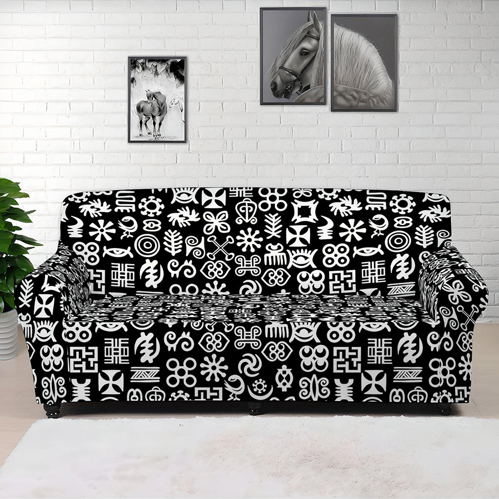 White And Black Adinkra Symbols Print Sofa Cover