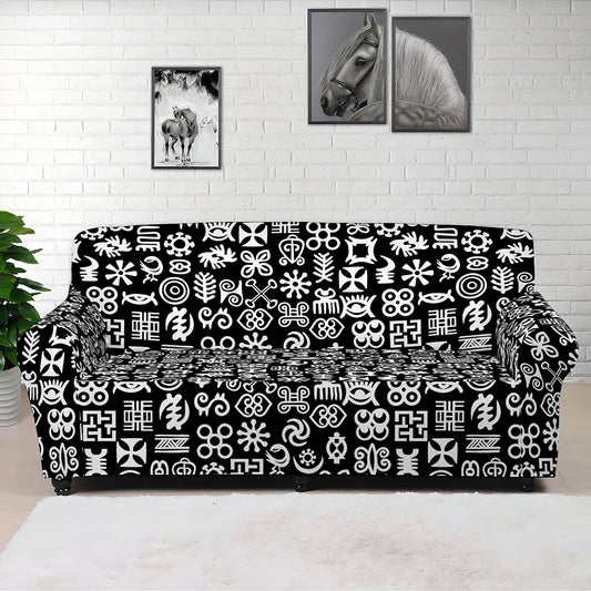 White And Black Adinkra Symbols Print Sofa Cover
