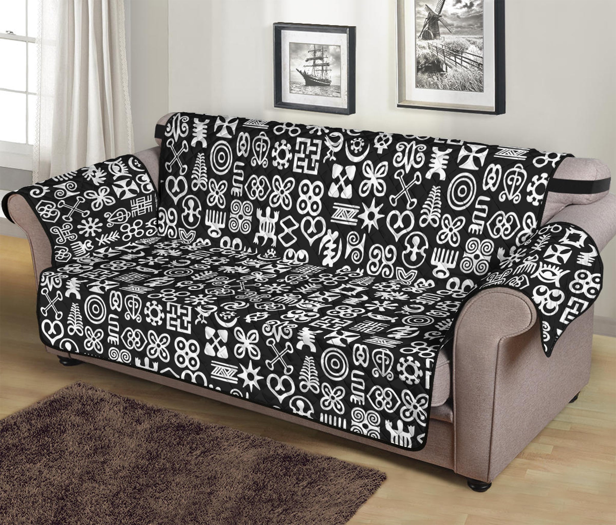 White And Black Adinkra Symbols Print Sofa Protector