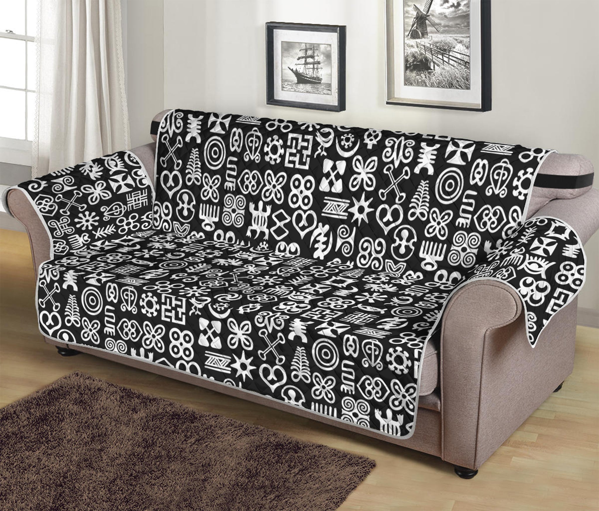 White And Black Adinkra Symbols Print Sofa Protector