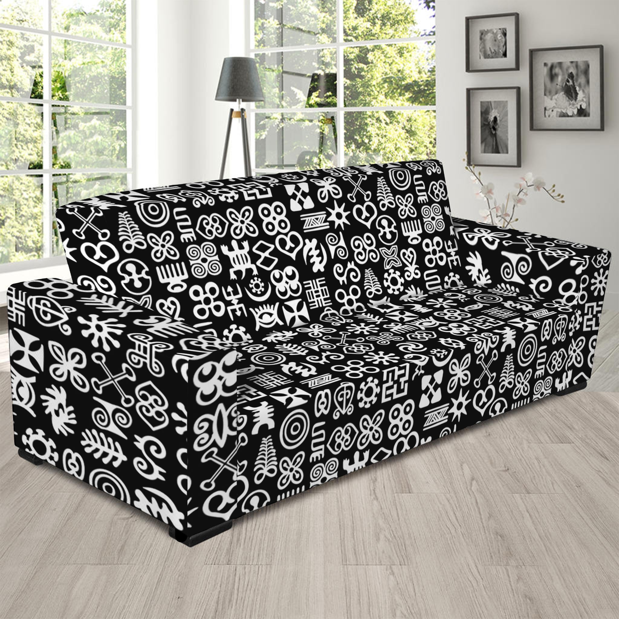 White And Black Adinkra Symbols Print Sofa Slipcover