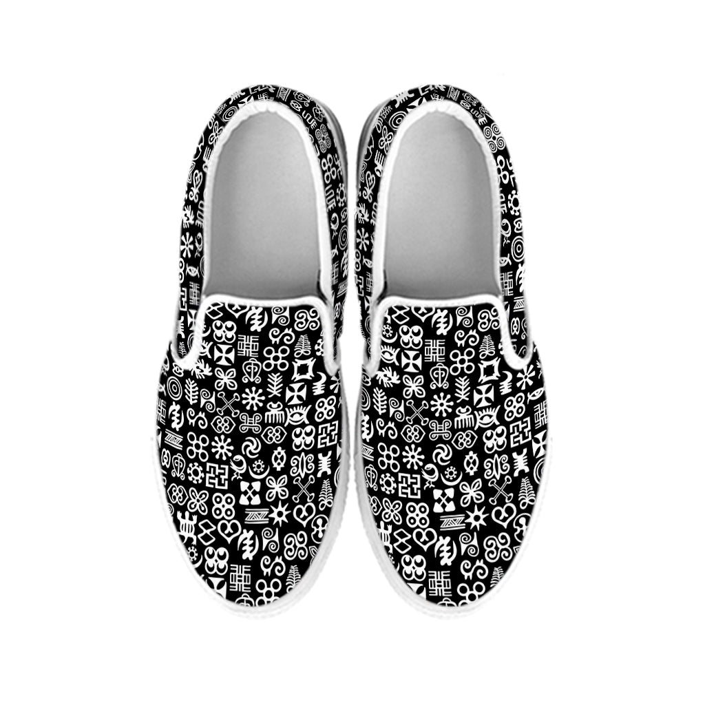 White And Black Adinkra Symbols Print White Slip On Shoes