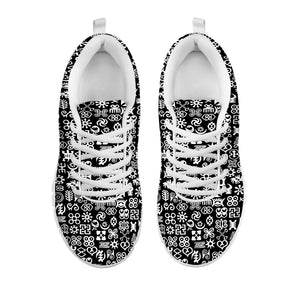 White And Black Adinkra Symbols Print White Sneakers