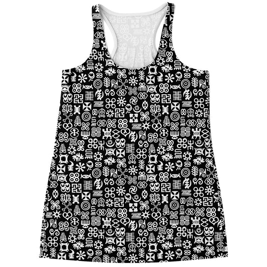 White And Black Adinkra Symbols Print Women's Racerback Tank Top