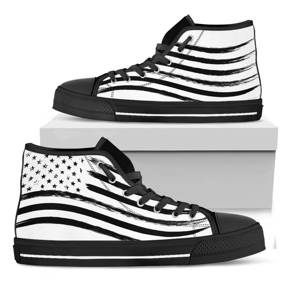 White And Black American Flag Print Black High Top Shoes