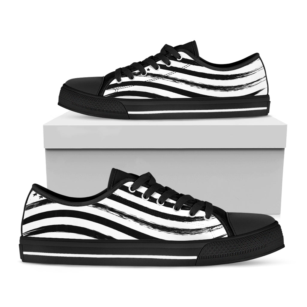 White And Black American Flag Print Black Low Top Shoes 