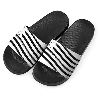 White And Black American Flag Print Black Slide Sandals