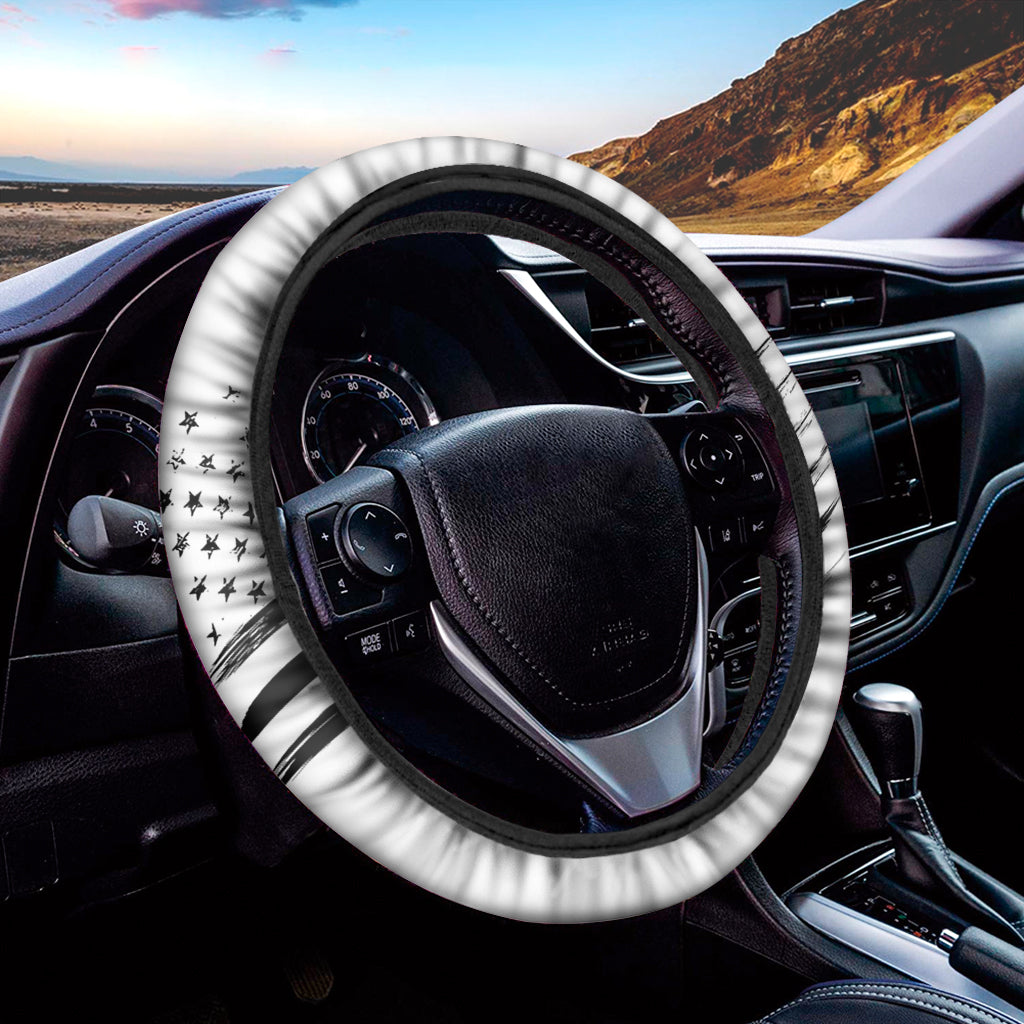 White And Black American Flag Print Car Steering Wheel Cover