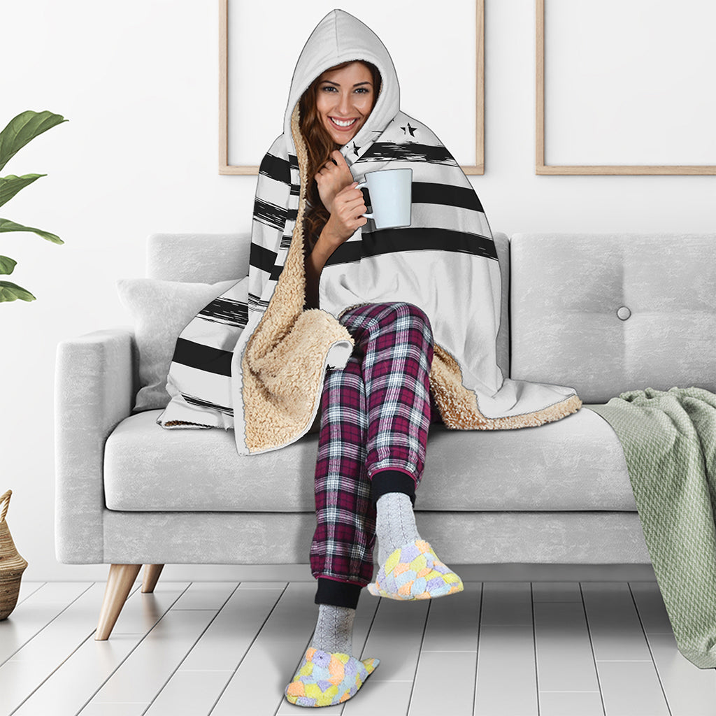 White And Black American Flag Print Hooded Blanket