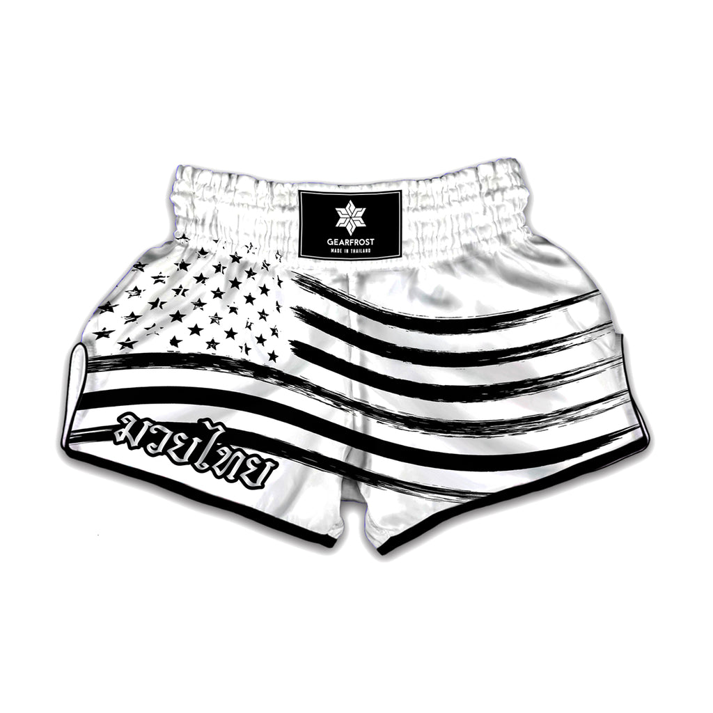 White And Black American Flag Print Muay Thai Boxing Shorts