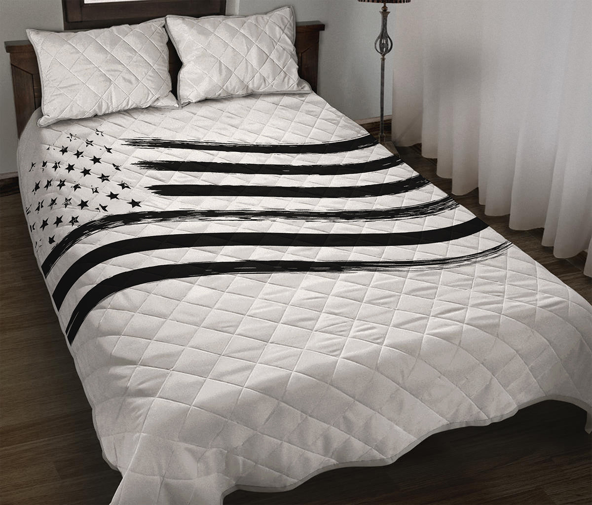 White And Black American Flag Print Quilt Bed Set