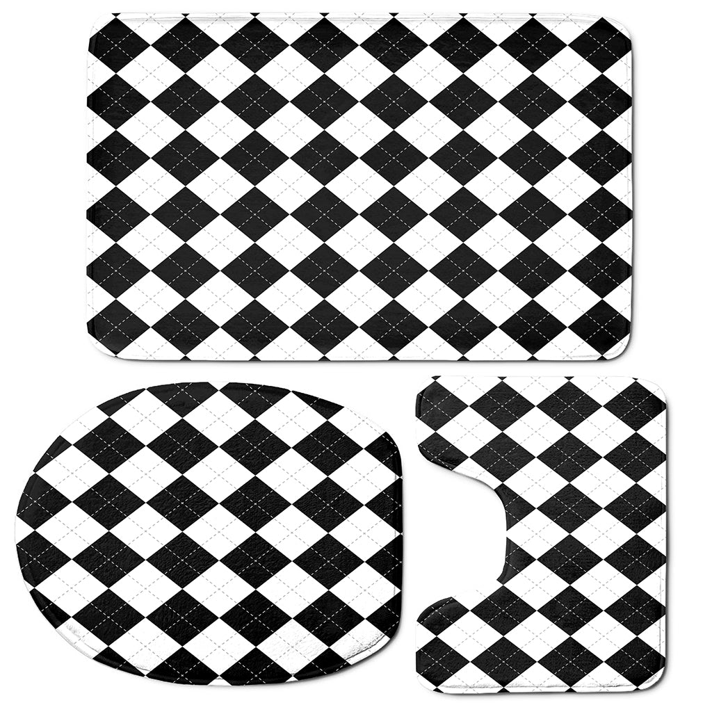 White And Black Argyle Pattern Print 3 Piece Bath Mat Set