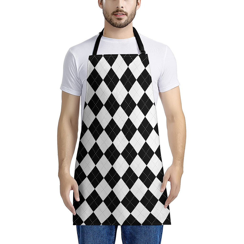 White And Black Argyle Pattern Print Apron