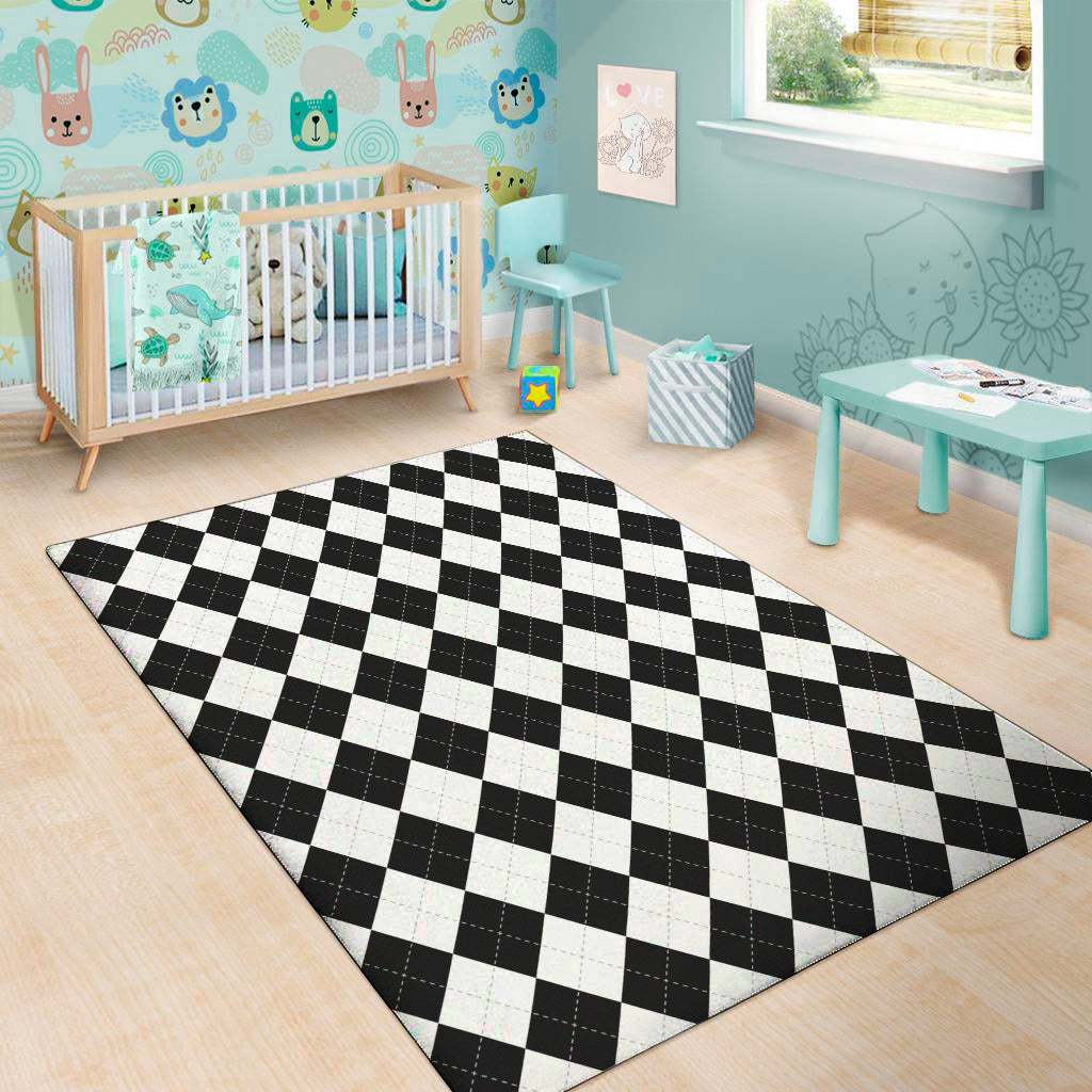 White And Black Argyle Pattern Print Area Rug