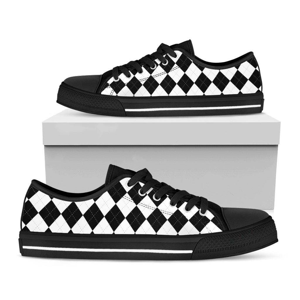 White And Black Argyle Pattern Print Black Low Top Shoes