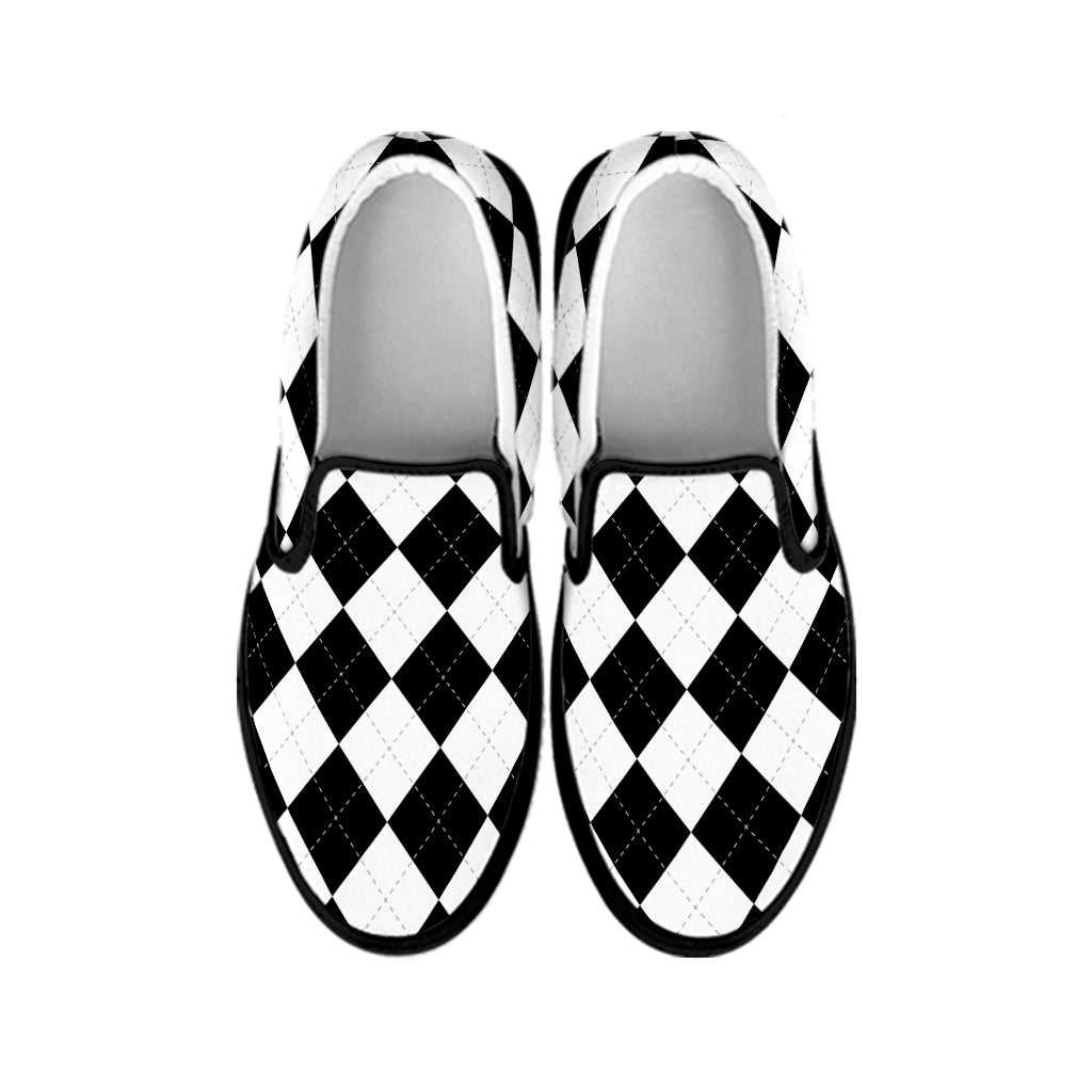 White And Black Argyle Pattern Print Black Slip On Shoes