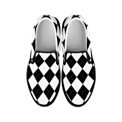 White And Black Argyle Pattern Print Black Slip On Shoes