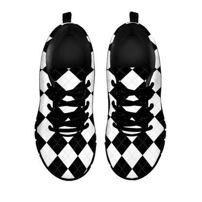 White And Black Argyle Pattern Print Black Sneakers