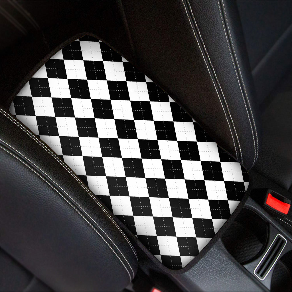 White And Black Argyle Pattern Print Car Center Console Cover