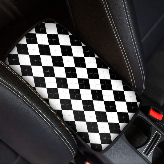 White And Black Argyle Pattern Print Car Center Console Cover