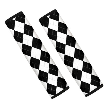 White And Black Argyle Pattern Print Car Seat Belt Covers